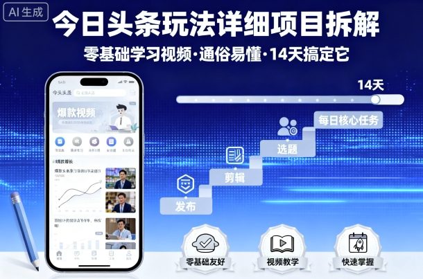 今日头条玩法详细项目拆解，零基础学习视频 通俗易懂 14天搞定它-乐品网