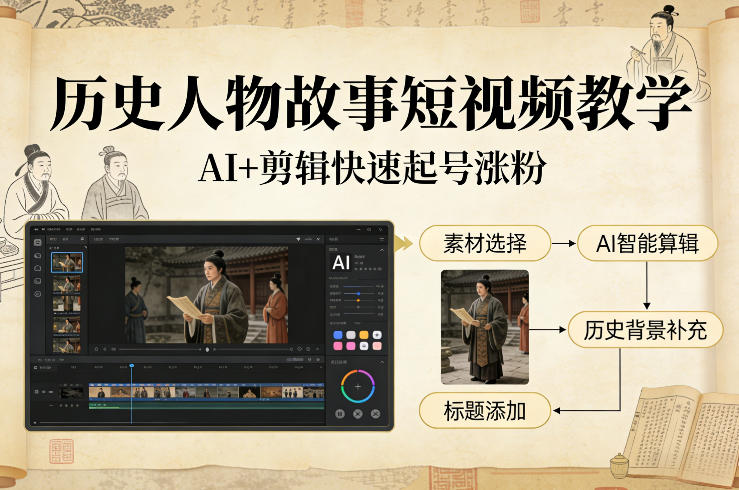 历史人物故事短视频教学，AI+剪辑制作历史人物题材短视频，快速起号涨粉-乐品网