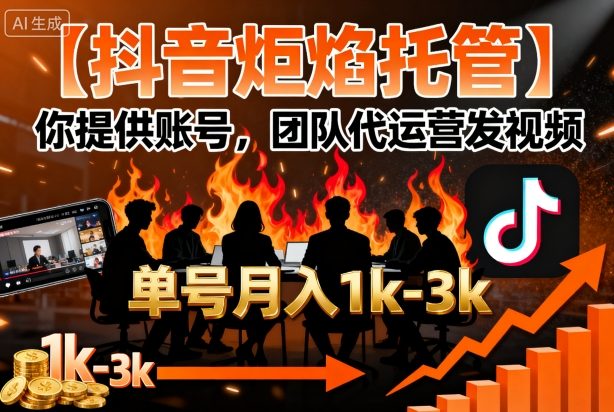 【抖音炬焰托管】你提供账号，团队代运营发视频，单号月入1k+【揭秘】-乐品网