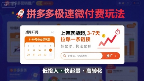 8月26号拼多多极速微付费玩法，8-10月份必须玩的，上架就能起，3-7天拉爆一条链接-乐品网
