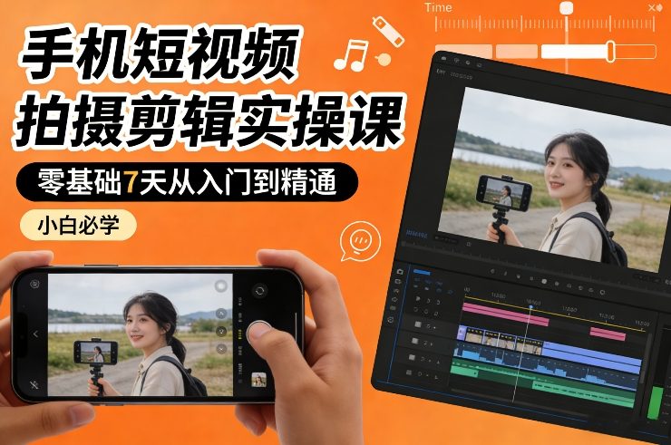 手机短视频拍摄剪辑实操课，零基础7天从入门到精通，小白必学-乐品网