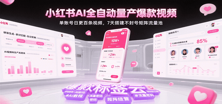 小红书AI全自动量产爆款视频，单账号日更百条视频，7天搭建不封号矩阵流量池（更新）-乐品网