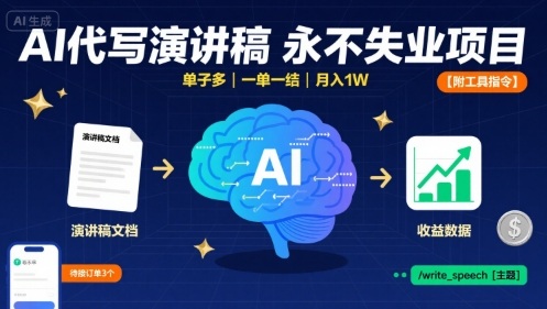 AI代写演讲稿，永不失业项目，单子多，一单一结，月入1W【附工具指令】-乐品网