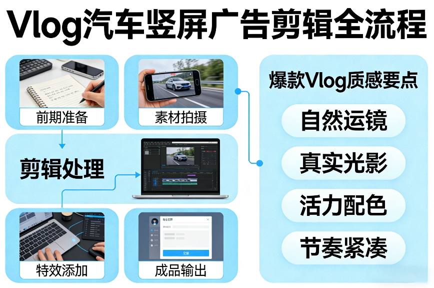 Vlog感觉汽车竖屏广告剪辑脚本全流程，拿捏爆款Vlog质感-乐品网