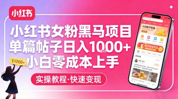 小红书女粉黑马项目，单篇帖子日入1k+，小白零成本上手-乐品网