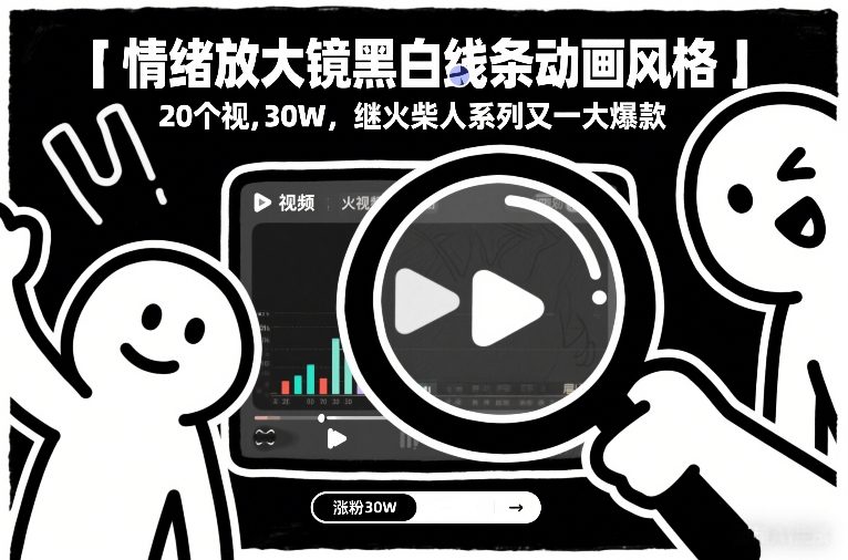 情绪放大镜黑白线条动画风格，20个视频，涨粉30W，继火柴人系列又一大爆款-乐品网