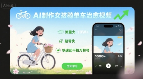 AI制作女孩骑单车治愈视频，流量大，起号快，快速起千粉万粉号-乐品网