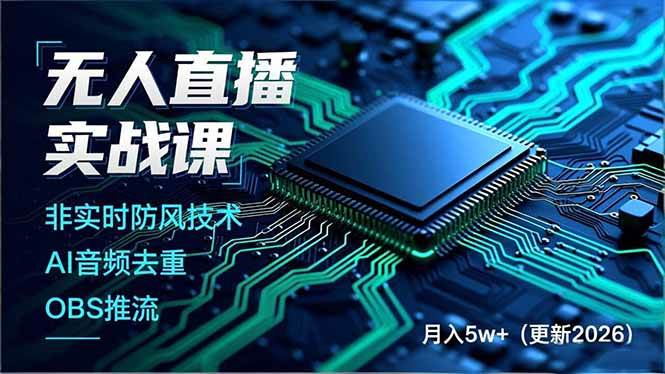 （17384期）无人直播实战课（更新2月），非实时防风技术、AI音频去重、OBS推流，建立技术壁垒，月入5w+-乐品网