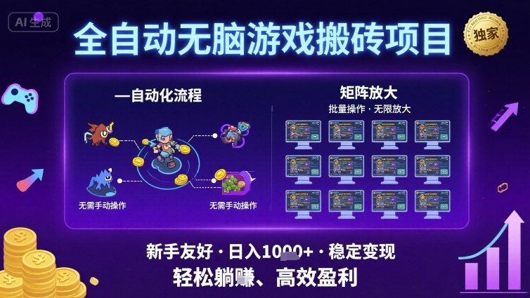全自动无脑游戏搬砖项目，独家玩法，可批量矩阵无限放大，新手也能轻松日入1k+【揭秘】-乐品网