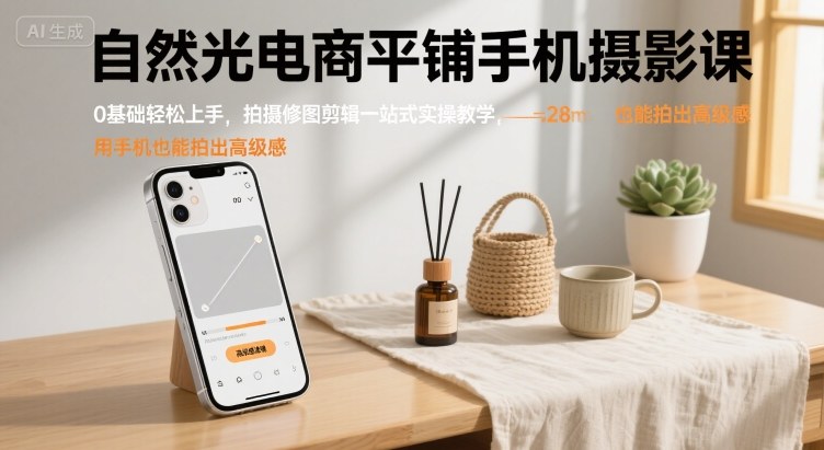 自然光电商平铺手机摄影课，0基础轻松上手，拍摄修图剪辑一站式实操教学，用手机也能拍出高级感-乐品网