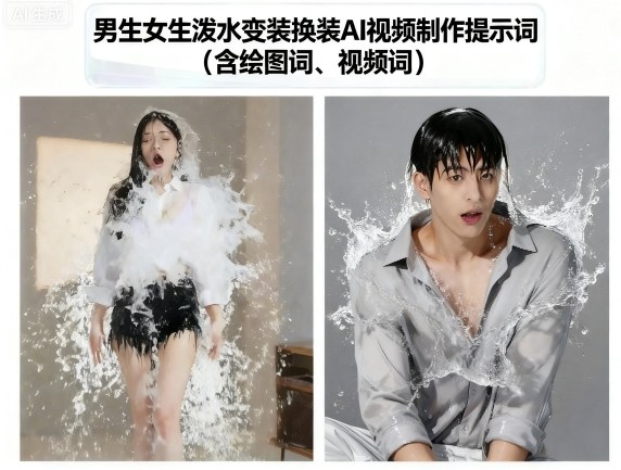 男生女生泼水变装换装AI视频制作提示词(含绘图词、视频词)-乐品网